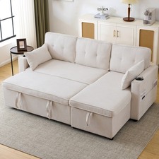 L-Shaped Sofa Couch 3 Seater Pull Out Corner Sofa Bed with Storage Chaise Beige