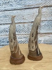 Vintage 2 x Carved Water Buffalo Horn Peacock Birds with Wooden Base 10 & 9 Inch