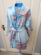 Japanese Vintage Ladies Kimono Blue Floral One Size Japan Oriental Satin Boho