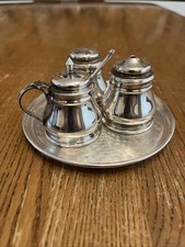 Silver Plate Cruet Set - Salt Pepper Mustard - On Engine Turned Tray. Vintage