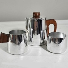 VTG Sona Ware MCM Polished Aluminum Wood Coffee/Tea Sugar Creamer Set England