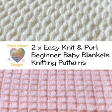 Knitting Patterns for Baby Blankets x 2, Pretty Squares & Diagonal Bumps, Easy