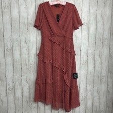 Lulus Next To You Rusty Rose Swiss Dot Ruffled Fairy Cottage Midi Slit Dress 