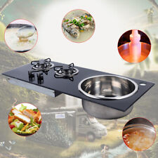 Boat Caravan RV Camper Gas Stove Hob 2 Burner LPG Sink Combo Cooktop w/Glass Lid