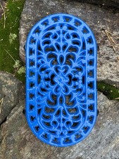 Vintage Blue Oval French  Enameled Cast Iron Trivet 10.75”