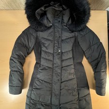 Hobbs Jaymie Puffer Jacket Womans Size 8 Faux Fur Trim Removable Hood - Black