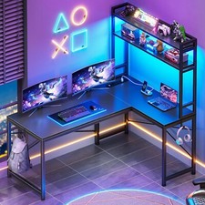 L Shaped Computer Desk, Small Corner Desk with LED Lights and Storage Shelves