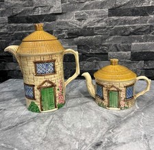 Pair of Sylva Cottage Teapots Hand Painted In Staffordshire England Vintage Rare