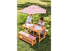 Kids Wooden Picnic Table With Umbrella and Bench Set with Cushions