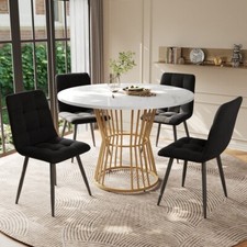 Round Dining Table & Chairs Set Marble Effect Kitchen Table with 4 Chairs Black
