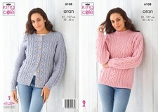King Cole Aran Knitting Pattern - 6108 Ladies Sweater & Cardigan