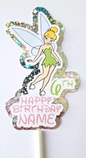 Personalised Tinkerbell cake topper X1  ANY NAME & AGE X1 On SPARKLY Backing 
