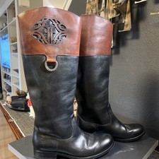 STUNNING, EUC FRYE Women 6.5B Logo Black & Cognac Leather Pull-on Riding Boots!