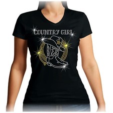 V neck Countrygirl Hat Boots Rhinestone t shirt  Line Dancing Ladies Listed 8-24