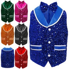 UK Kids Boys Sparkling Sequins Velvet Vests Button Waistcoat Bowtie Performance