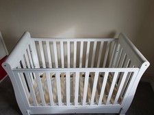Babymore Eva Sleigh Drop Side Cot Bed With Drawer - White. Needs Assembling