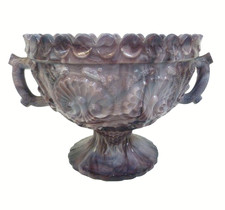 Antique Amethyst Slag Glass Pedestal Bowl 2 Handles Malachite Style 9.5cm