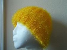 Hand knitted sparkly fuzzy  hat, bright yellow