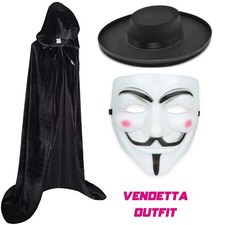 Anonymous Guy Fawkes V For Vendetta Mask Cape Bandit Hat Halloween Fancy Costume
