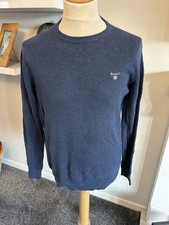 Gant Blue Premium Cotton Round Neck Jumper Large L Chest Logo Pullover