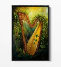 OIL PAINTING OF IRISH HARP -DEEP FLOAT EFFECT FRAMED CANVAS WALL ART PRINT