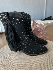 River Island Black Real Suede Fringe Jewel Stud Embellished  Western Boots UK5