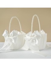 Flower girl Baskets Set Of 2 Satin With Pearl Handles For Wedding