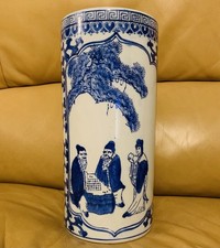 Antique Chinese Blue & White Porcelain Umbrella Stand Hand Painted Crane