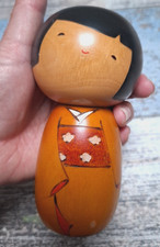 Japanese Kokeshi Doll 5" Handcrafted Wooden Yellow Kimono Kawaii