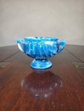 Antique Sowerby Marbled Blue And White Pedestal Slag Glass Handled Salt 
