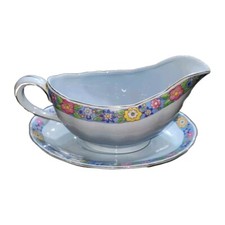 Grindley Rainbow Gravy Boat Blue Underplate Lupin Petal Stoneware England Dinner