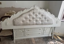 Vintage French Style Upholstered Headboard – Ornate Carved Shabby Chic