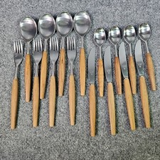 Vtg E.D. WUSTHOF DREIZACK Teak Wood Handle Flatware Set X 4 People MCM Rostfrei 