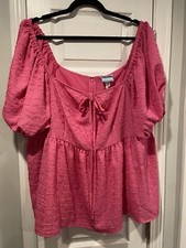 NWT Future Collective Size 2X Pink Tie Neck Keyhole Puff Sleeve Ruffle Top Zip