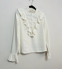 Zara Cream Frill Ruffle 1/4 Button Long Sleeve Relaxed Blouse M 10/12