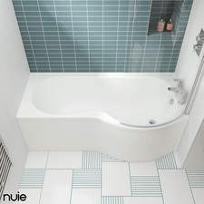 Nuie Modern B Shape Shower Bath & Panel White Acrylic Bathroom Tub 1500 1700