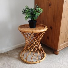 Vintage Round Cane Wicker Rattan Side Table Bamboo Plant Stand Boho Retro 47cm