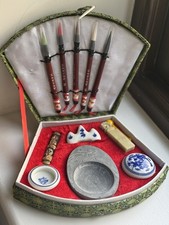 Vintage Chinese Calligraphy Set With Red Ink And Dip Pens In Sakura Fabric Box