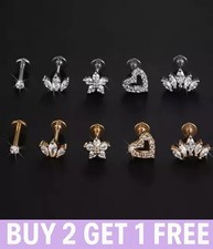 Crystal Tragus Helix Cartilage Stud Earring Flat Back Labret 16g 6mm 8mm Silver
