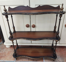 Antique Victorian spindle wall shelves,  3 tier display shelf, ebonised & gilt