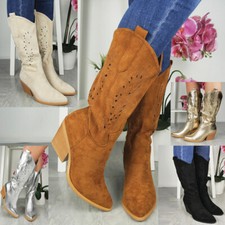 Cowboy Boots Shoes Ladies Mid Calf Zip Heel Western Comfy Faux Suede Womens Size