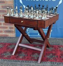 Quality Antique Style Leather Campaign Folding Chess Set Table & Pieces