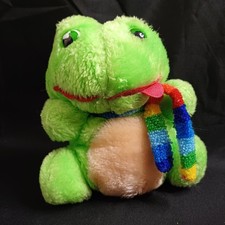 Vintage Nanco Green Frog Crazy Tongue Rainbow Scarf Hard Eyes Soft Plush Toy 7"
