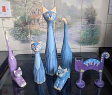 5 Wooden Cat Sculptures