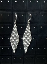 Pair of Silver Diamond Shaped Dangle Drop Earrings - New