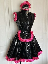 Misfitz black PVC & hot pink satin padlock sissy maids dress. SIZE 18. CD Goth
