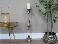 Tall Antique Gold Silver Pillar Candle Holder – Ornate Metal Floor Candlestick