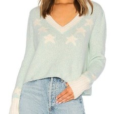 Wildfox Star Girl Ace Sweater M Blue White Distressed V-Neck