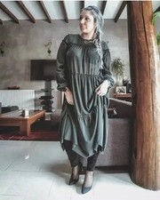 ZARA Bottle Green Tulle Frill Dress Semi Sheer Long Sleeve Gathered Cuffs Size S