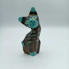 Hand Carved and Painted Wooden Cat Figurine 6"